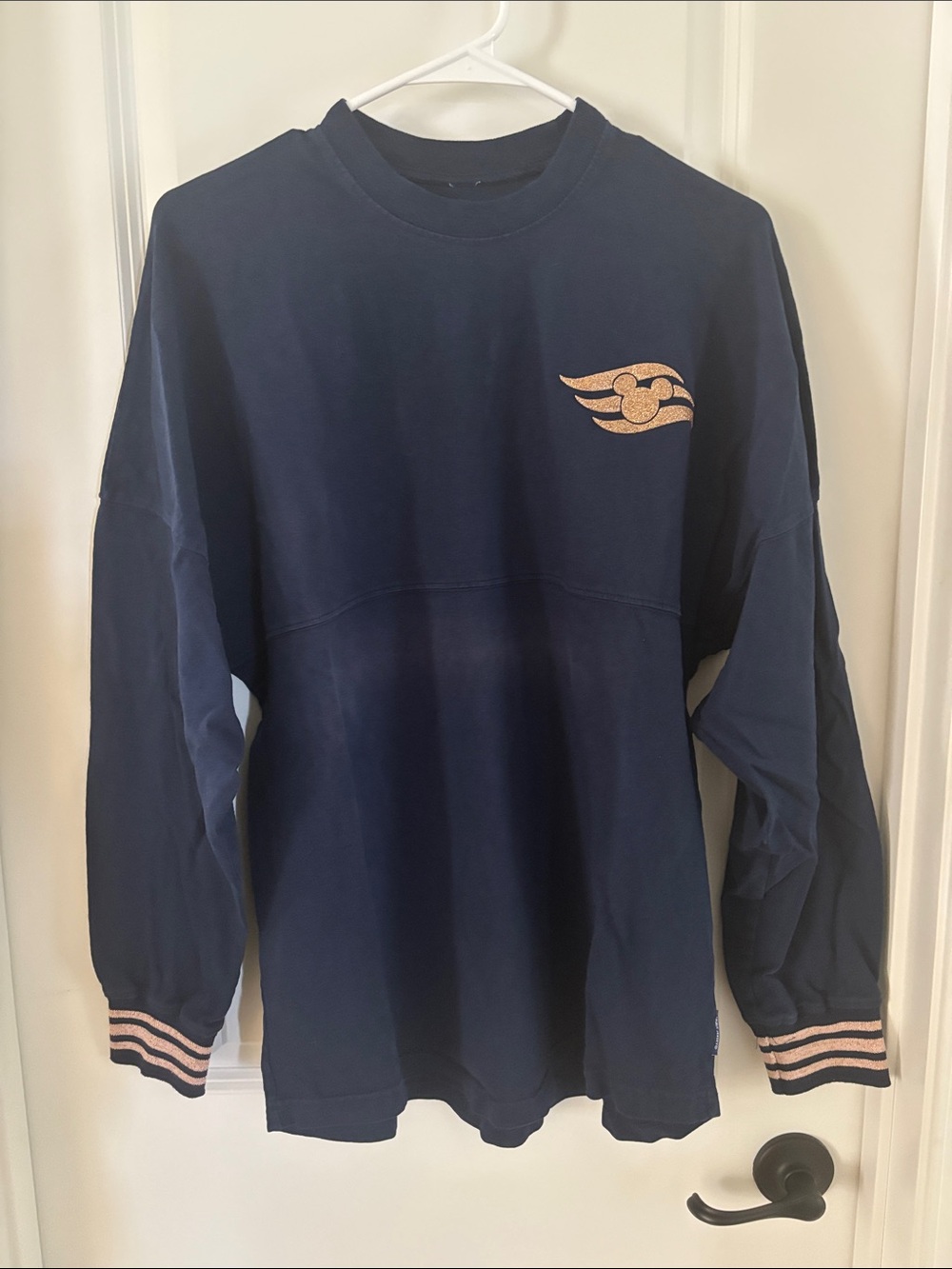 Disney Cruise Line Spirit Jersey Navy Graphic Pullover w/ GoldStripe Detail